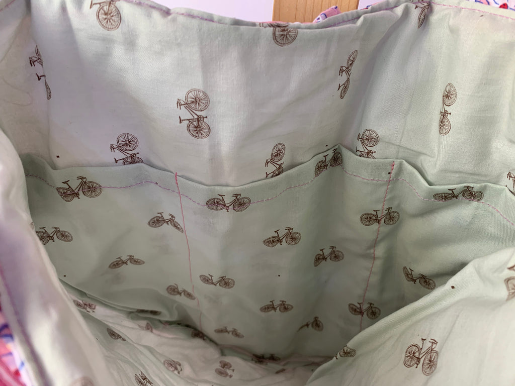The inside of a tote bag or organizer bag.